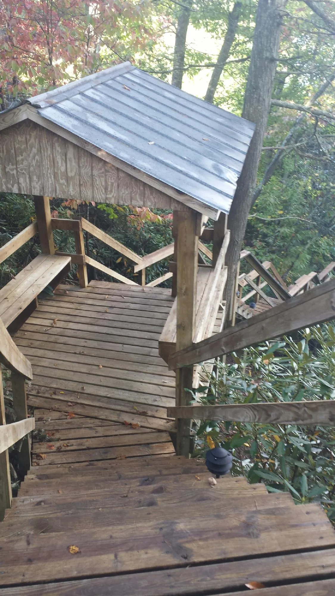 Metal roofed shelter over wooden steps on a wooded walkway — Skylight Repair & Installation work by our crew in Mayville